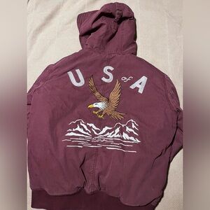 GAP Women's USA Bald Eagle SAN FRAN CA 1969 Patched Bomber Jacket (Maroon, M)